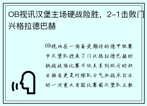 OB视讯汉堡主场硬战险胜，2-1击败门兴格拉德巴赫