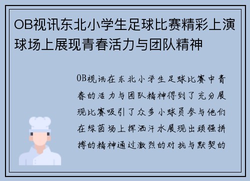 OB视讯东北小学生足球比赛精彩上演球场上展现青春活力与团队精神